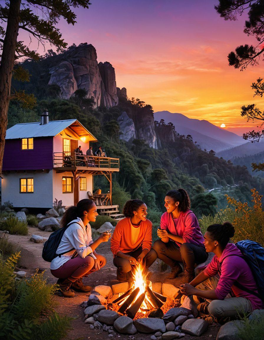 A captivating scene of two diverse couples engaging in adventurous activities like hiking, dancing, and cooking together, set against a vibrant sunset backdrop. The couples should exhibit joy and connection, reflecting the essence of partnership and exploration. Incorporate elements of nature and cultural diversity to enhance the theme of romantic adventures. super-realistic. vibrant colors. warm tones.