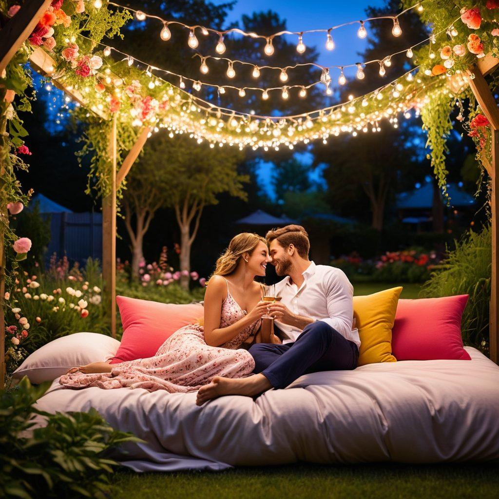 A lively and colorful garden setting with two couples joyfully interacting, surrounded by blossoming flowers and twinkling fairy lights. Include elements of celebration, like champagne glasses and soft pillows for lounging, symbolizing connection and adventure. The atmosphere is vibrant and playful, showcasing the spirit of openness and joy in modern romance. whimsical art style. vibrant colors.