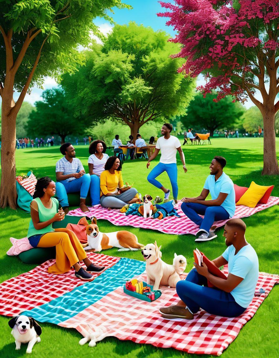 A vibrant scene depicting diverse couples engaging in fun activities together, sharing laughter and joy in a lively park setting. Include hints of creativity and open-mindedness, with couples of various backgrounds swapping stories and games. Colorful picnic blankets, playful pets, and heartwarming interactions emphasized, creating a warm and inviting atmosphere. whimsical illustration. vibrant colors. 3D.